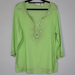 Vintage Chicos 100% Cotton Embroidered Tunic Top Size L Green Gauzy Embellished
